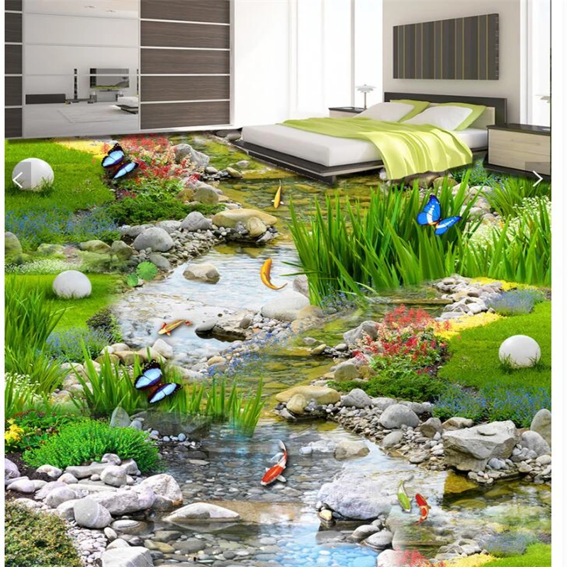 beibehang landscape grass carp water 3D floor three-dimensional painting decorative stickers waterproof non-slip self-adhesive