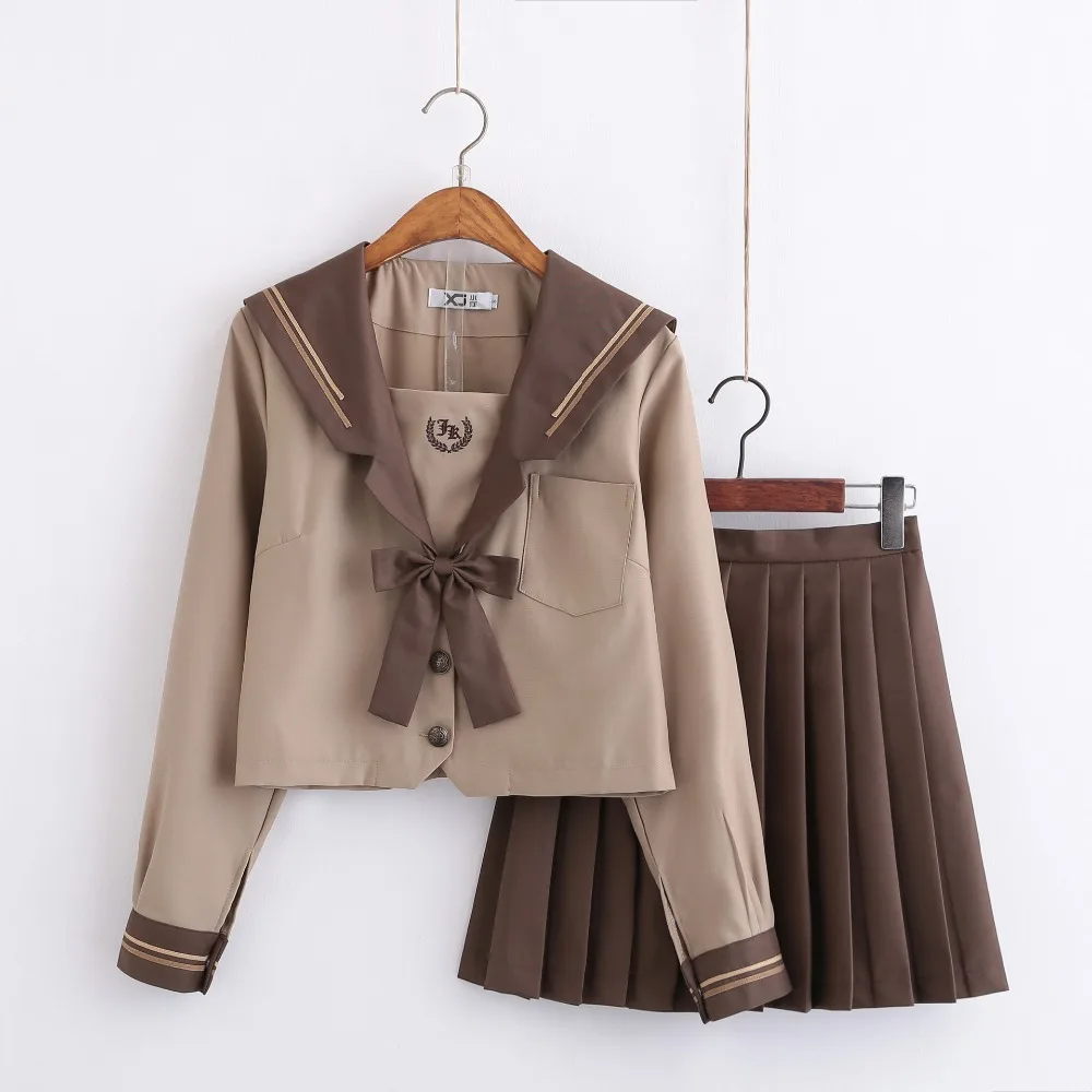 Japanese Students Long-sleeved School Uniforms Spring Summer Korea JK Uniforms Junior High School Girls Sailor Suit Brown Colour