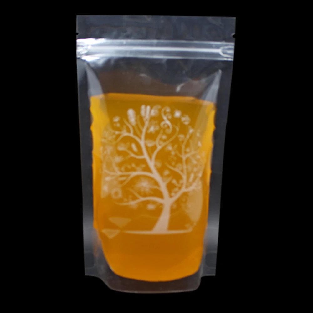 150pcs/ Lot 12*20cm Transparent Stand Up Zip Lock Package Bag For Beverage Milk Juice Packing Plastic 400ml Tree Print Pack Bags