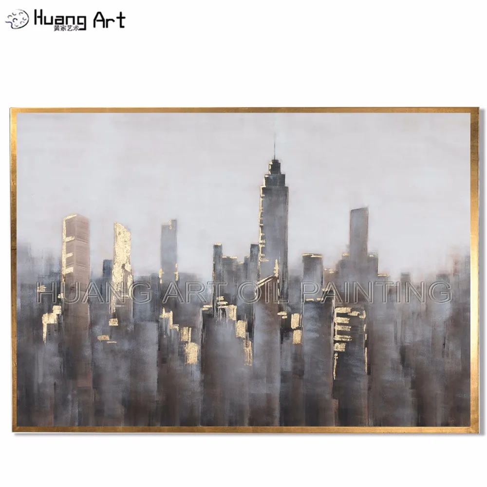 New Arrival Landscape Oil Painting Artist Hand-painted High Quality Dark Grey and Gold City Oil Painting for Room Decor Building