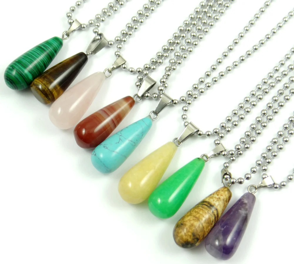 Natural stone Opal tiger eye Pink Crystal lapis Water droplets Pendant  stainless steel Chains Necklace Women Fashion Jewelry