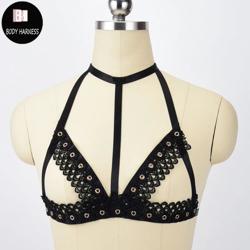 Sexy Goth Lingerie Lace Flower Harness Bra Cage Bondage Harness Belt Women Party Carnival Crop Top Wear Body Harness Bralette