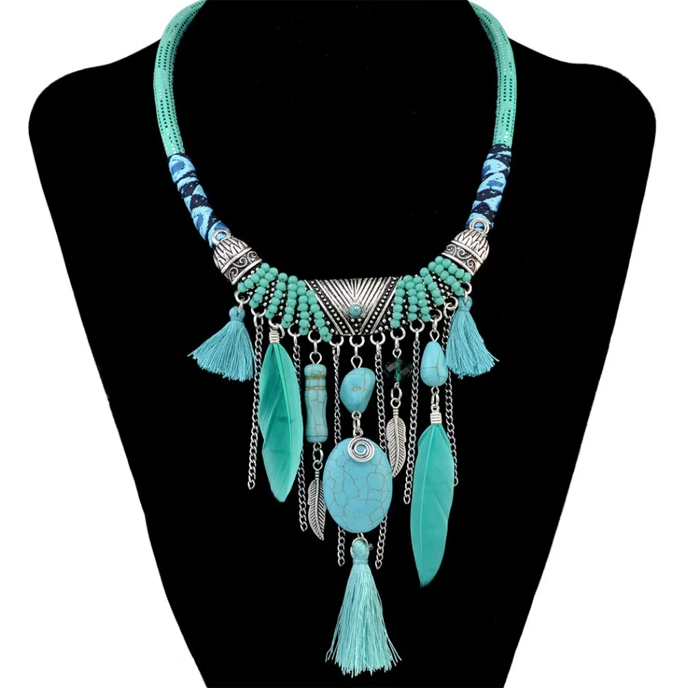 Bohemian African Ethnic Thread Long Bib Choker Necklace For Women Indian Tribal Feather Turquoise Beads Rope Collar Neck Jelwery