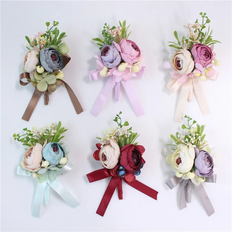 Mini Zijde Rozen Mannen Bruidegom Boutonnières Wedding Bridal Zusters Pols Corsage Wit Blauw Corsages Bloem Huwelijk Pak Accessoires