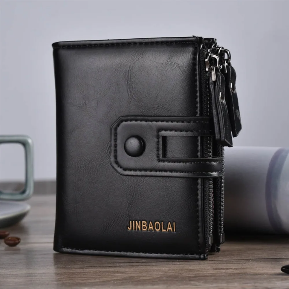 2024 Men Wallets Short PU Leather Double Zipper Hasp Men Purses Card Holder Coin Pocket Vintage High Quality Brand Men Wallets