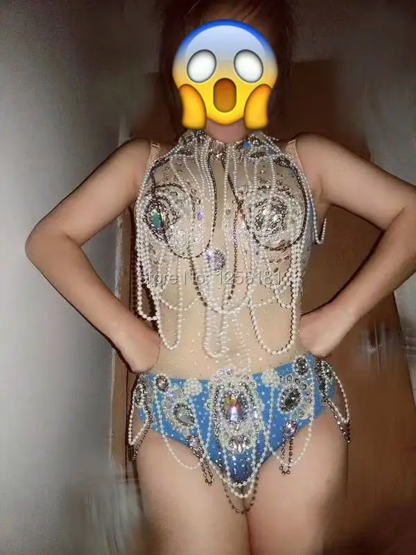 Leotardo de Bikini con cadenas de diamantes de imitación para mujer, traje brillante de una pieza, monos azules con lentejuelas, trajes, ropa de discoteca para baile de escenario