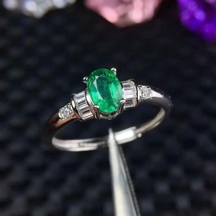 Natural emerald ring Free shipping 925 sterling silver  4*6mm gemstone Fine jewelry