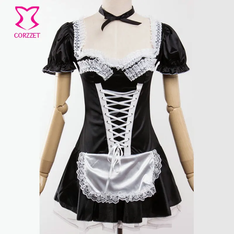 Zwarte Lolita Satijn Franse Maid uniform Jurk kawaii sexy cosplay kostuum anime Fantasia Carnaval Halloween Kostuums voor Vrouwen