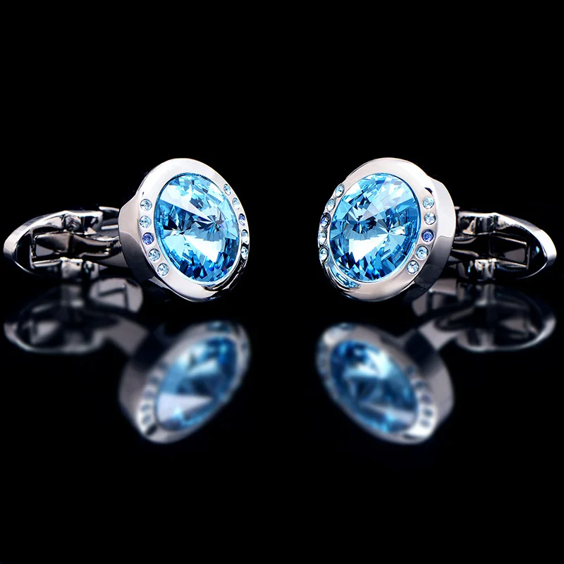 

KFLK Luxury NEW shirt cufflinks for mens Gift Brand cuff button Blue Crystal cuff link High Quality abotoaduras Designer Jewelry