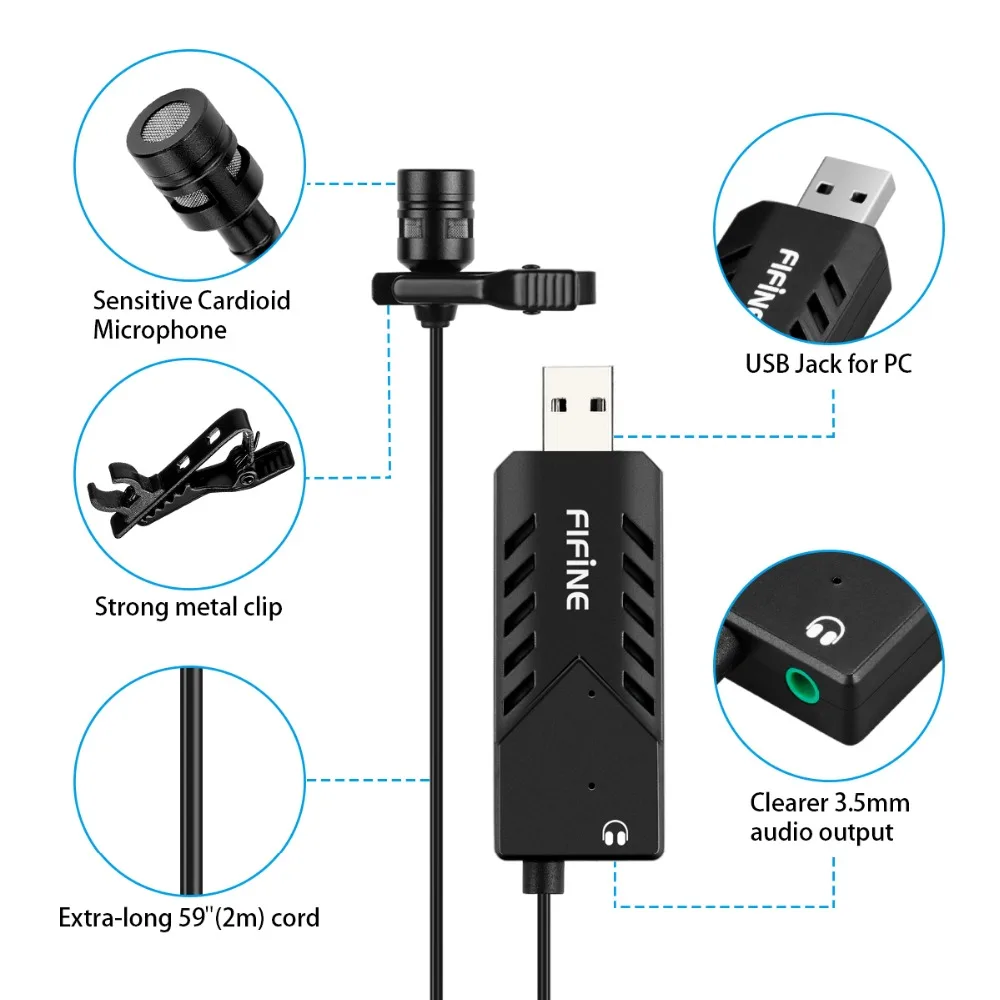 Fifine Lavalier Clip-On Cardioid Condensator Computer Mic Plug En Play Usb Microfoon Met Geluidskaart Voor Pc En mac-K053