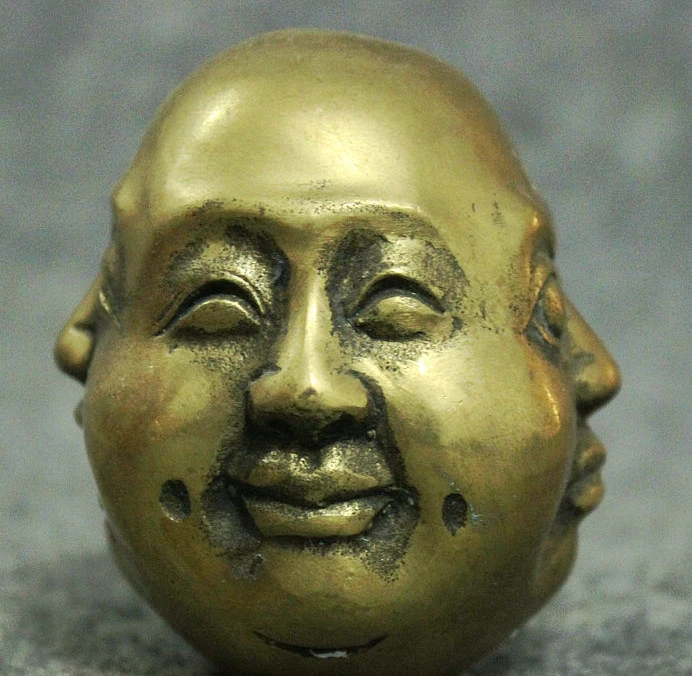 Folk China Chinese Brass Buddhism 4 Face Xi Nu Ai Le Maitreya Buddha Head Statue 8.4 cm