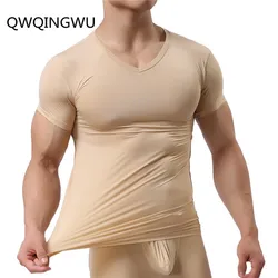 Maglietta intima da uomo in seta di ghiaccio Spandex magliette trasparenti uomo scollo a v in Nylon maniche corte top maglietta da notte termica Ultra sottile