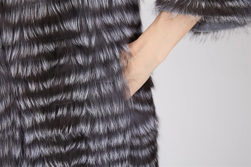 Women's Striped Real Silver Fox Fur Coat, Long Cardigen with Wool Lining, Big Size Clothes, Elegant Outwear, Spring, Lux18A09164