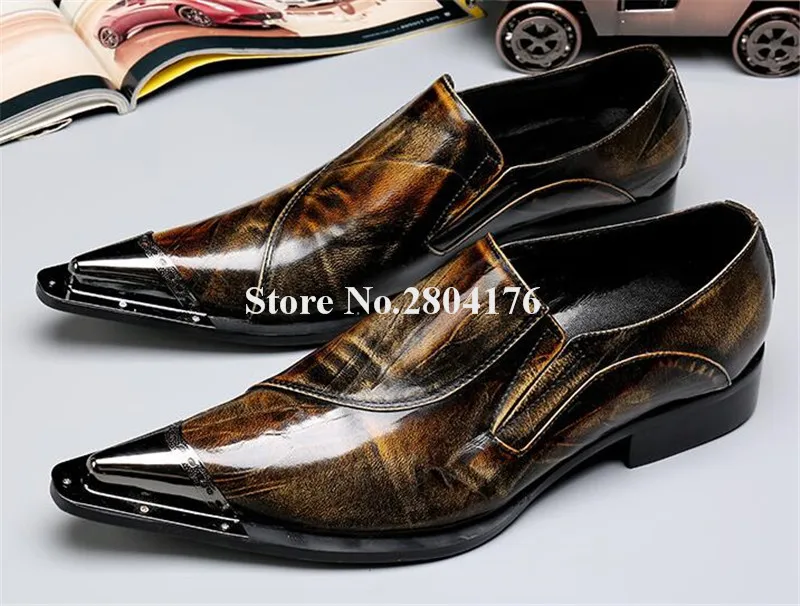 

High Quality Men Metal Pointed Toe Printed Leather Flat Dress Shoes Slip-on Big Size Business Shoes Men Wedding Shoes