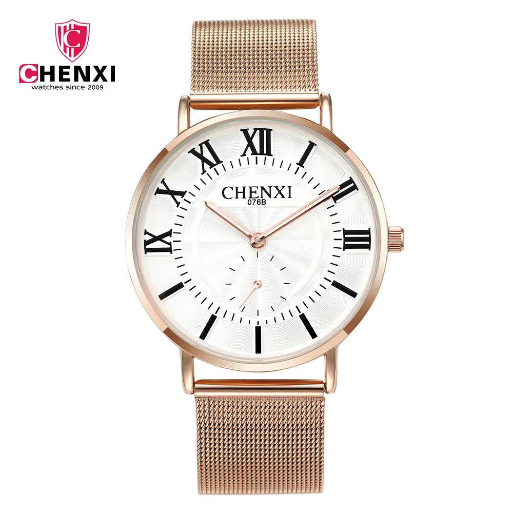 Fashion Chenxi Brand Wristwatch Women Man Lovers Charm Lovers Watches Waterproof 076 Rose Gold White Black Mesh Stainless Steel