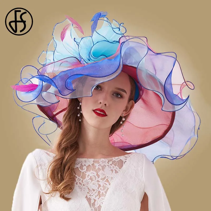 FS Organza Kentucky Derby Fascinators Hat For Women Ladies Wide Brim Sun Hats Flowers Elegant Wedding Bride Church Party Fedoras