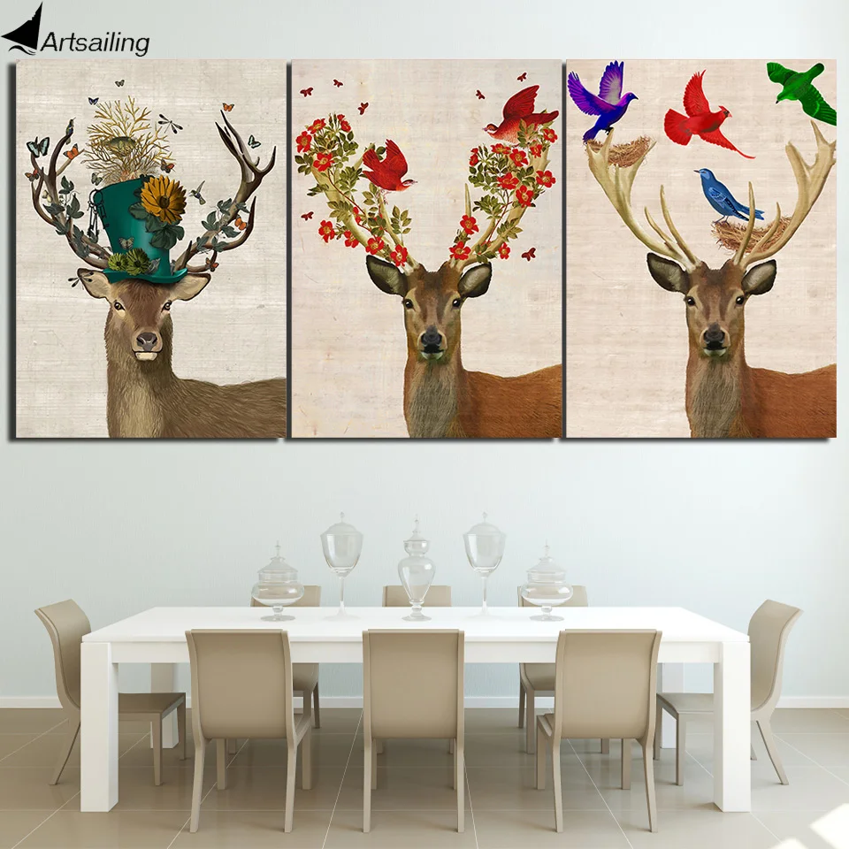 HD printed 3 Piece Deer Elk Color Birds Forest Nordic Canvas Wall Art Pictures for Living Room Posters Free shipping ny-6757D