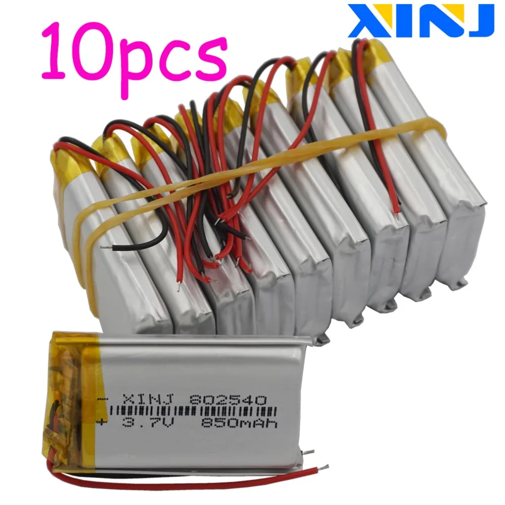 XINJ 10pcs 3.7V 850mAh Li Lithium Polymer Battery 802540 For Camera Solar Lamps Music Player Driving Telephone Watches Tablet PC