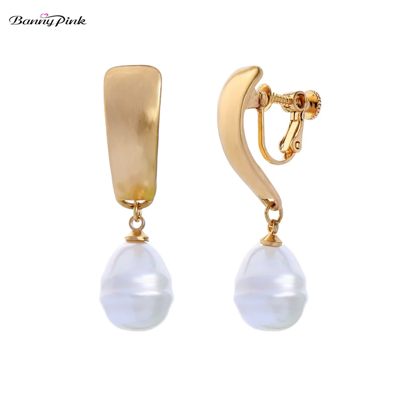 Banny Pink Chic White Cultured Pearl Clip Earrings For Women Wedding Geometric Earrings Party Pendant Statement Earrings Brincos