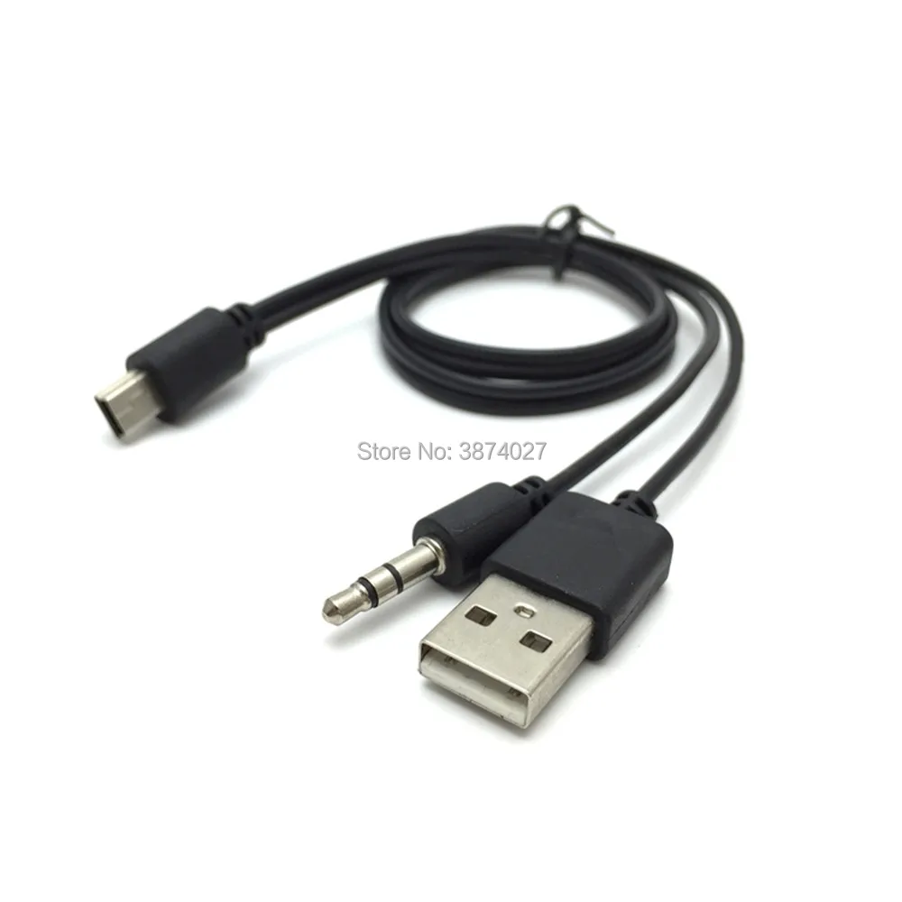 2개입 고품질 2 in 1 USB 남성 미니 USB 5핀+3.5MM AUX 케이블 블랙 AUX 및 충전기 2 in 1 스피커용 케이블