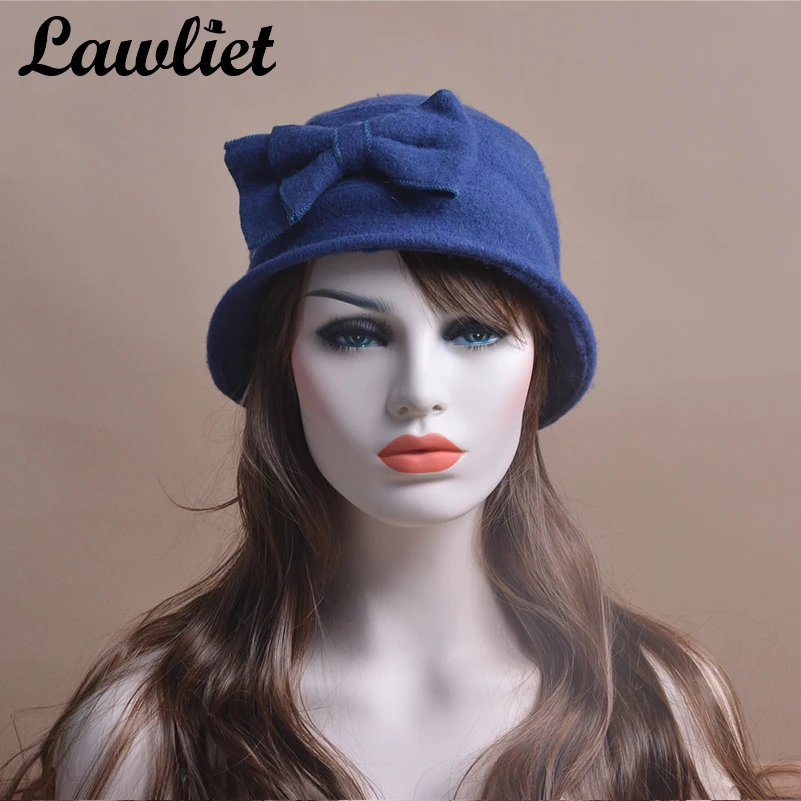 Womens Hats Ladies Cap Nice Bow 100% Wool Hats Crochet Bucket Cloche Beanies Winter Cap Hats T174