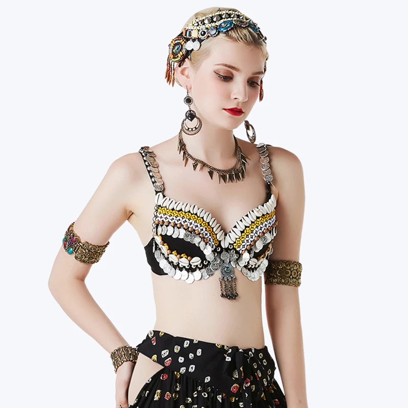 New Arrivals 2019 ATS Tribal Belly Dance Beads Bra Push Up Beaded Bra B/C Cup Vintage Gypsy Dance Bra Tops with Coins