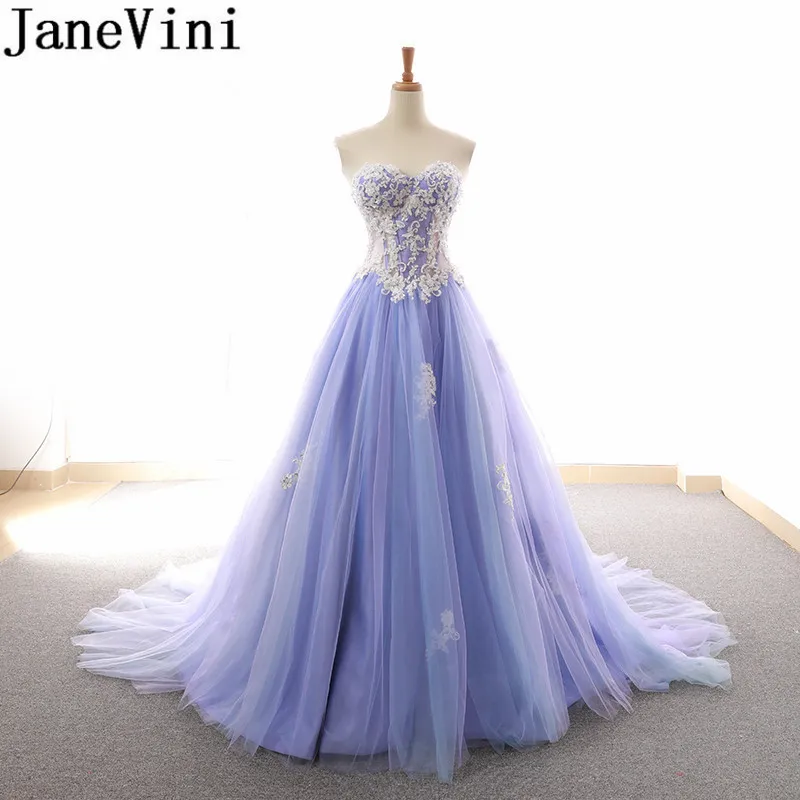 JaneVini-vestidos de fiesta con cuentas de lavanda para mujer, traje largo de encaje con escote corazón, sin espalda, tul, para invitados de boda