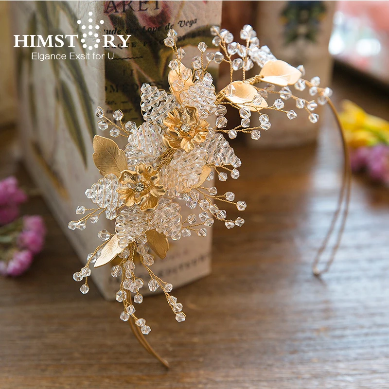 

HIMSTORY Handmade Gold Plating Pearl Rhinstone Wedding Headpiece Leaf&Floral Clear Beads Crystal Hair Vine