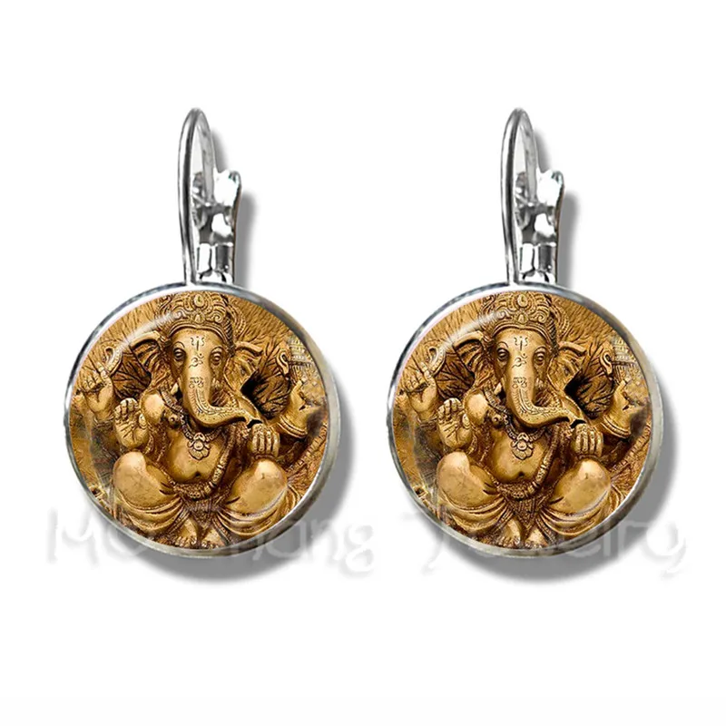 Glass Time Gem Earrings 16mm Ganesha Buddha Elephant Silver Plated Stud Earrings Handmand Classic Jewelry For Women Girls