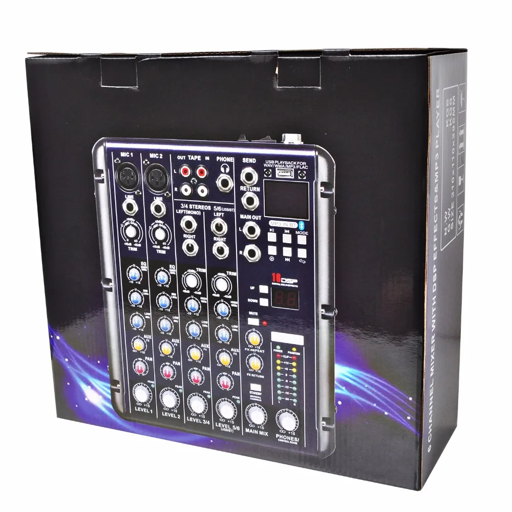 SMR6 Bluetooth Record 2 Mono + 2 Stereo 6 Channels 3 Band EQ 16 DSP Effect USB Professional Sound Mixing Console