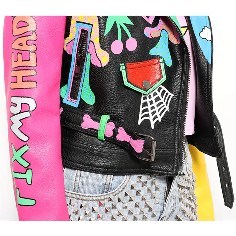 New Crazy style Graffiti Pattern PU Leather for Women Jacket With a Belt and Zippers Woman Motorcycle Short Leather Outwear