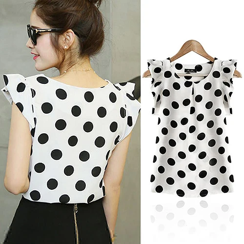 Fshion Fashion Women Polka Dots Casual Chiffon Blouse Short Sleeve Summer Tops