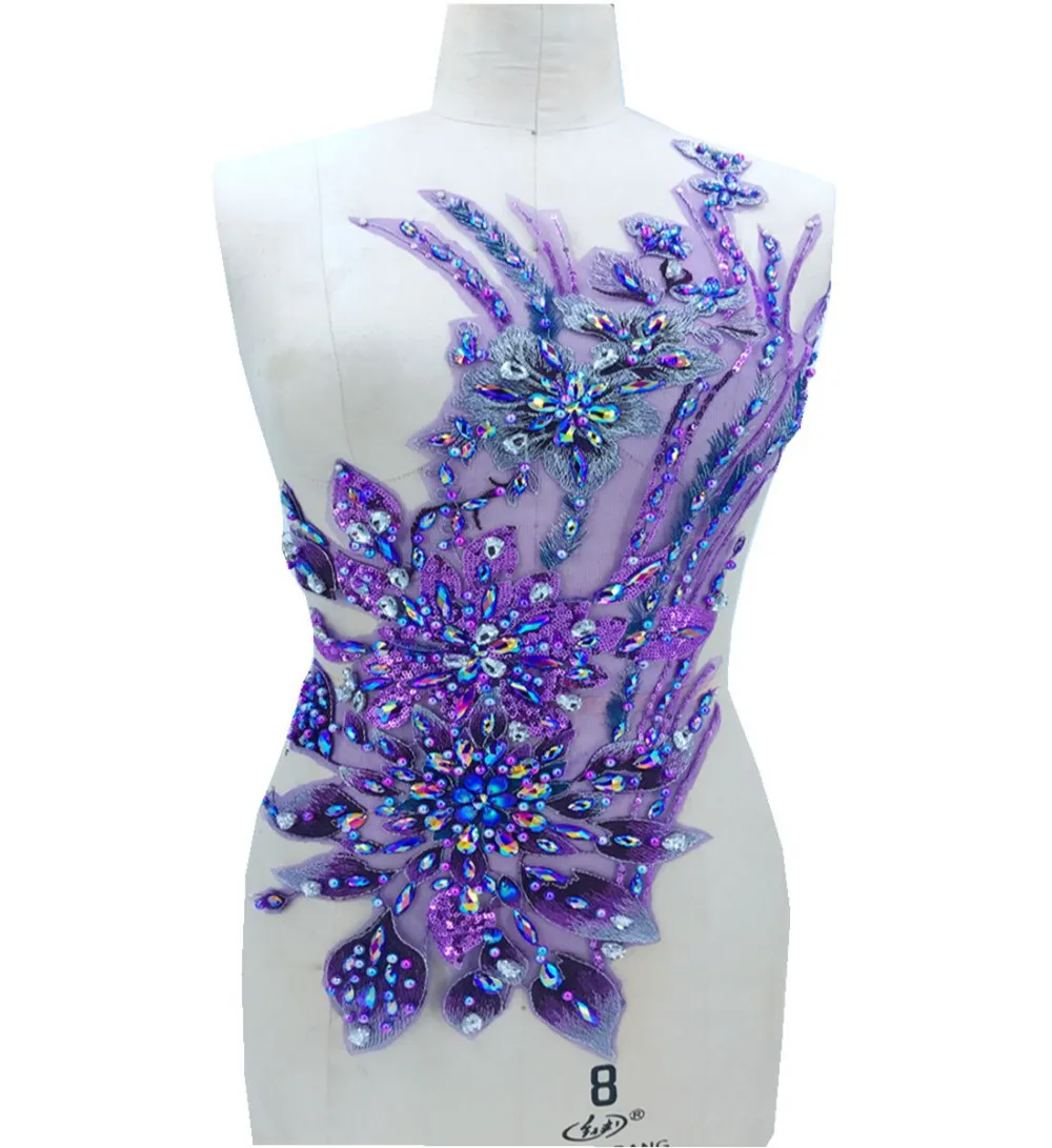 Fiore tridimensionale cucito su strass perline patch in pizzo viola applique 60*28cm per accessorio abito