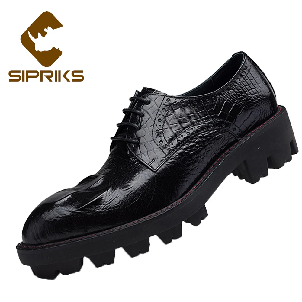 Sipriks Thick Rubber Sole Dress Shoes Men Elevator Shoes Genuine Leather Red Brown Mens Derby Shoes Crocodile Height Increase 44