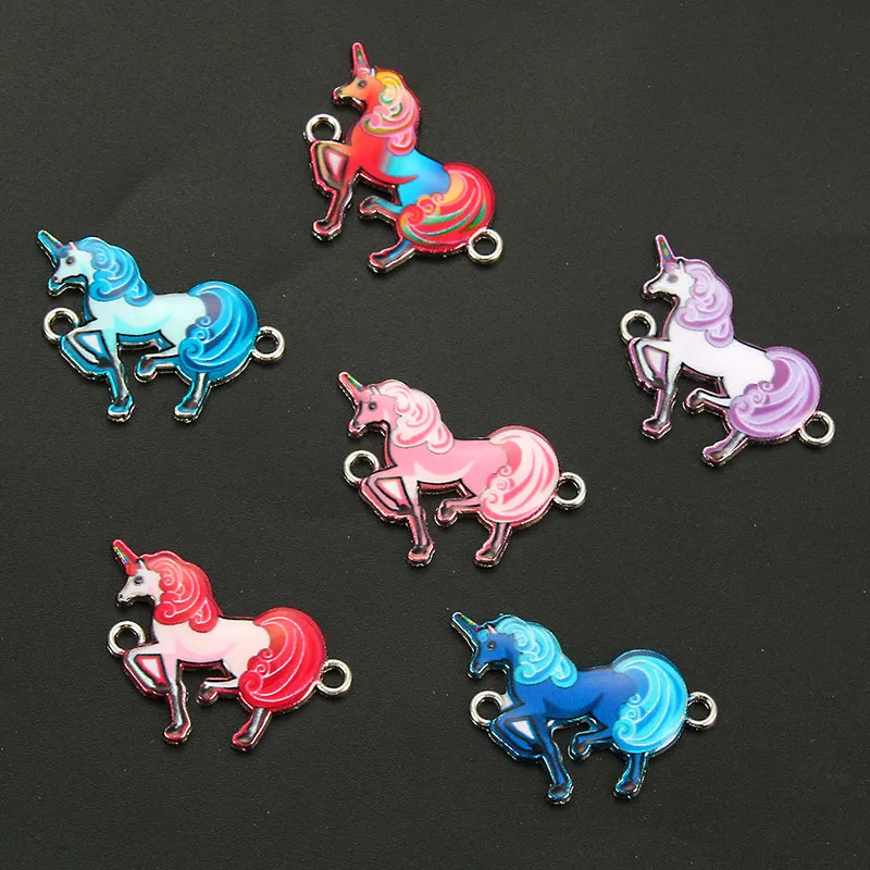 Pulseras de conectores de aleación de esmalte de unicornio mixto, dijes de caballo para collar DIY, accesorios de joyería de moda, 10 piezas