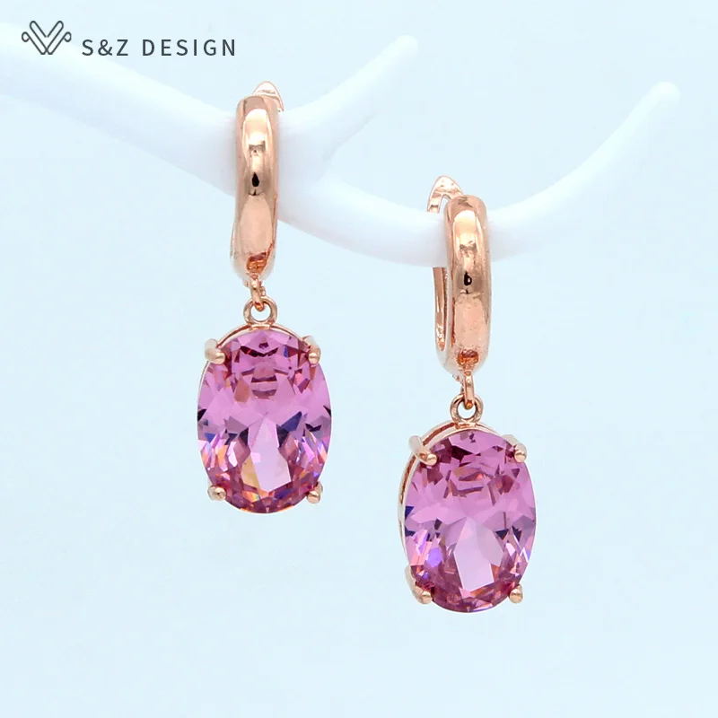 S&Z DESIGN New Oval Cubic Zirconia Egg Shape Dangle Earrings For Women 585 Rose Gold Color Jewelry Wedding Party Gift