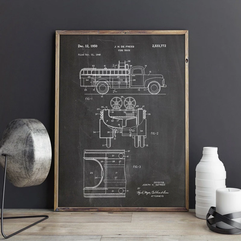 Fireman Truck Patent Fire Fighter Tool Art Canvas Painting Picture Vintage Blueprint Poster Print Firefighter Drawing Home Decor