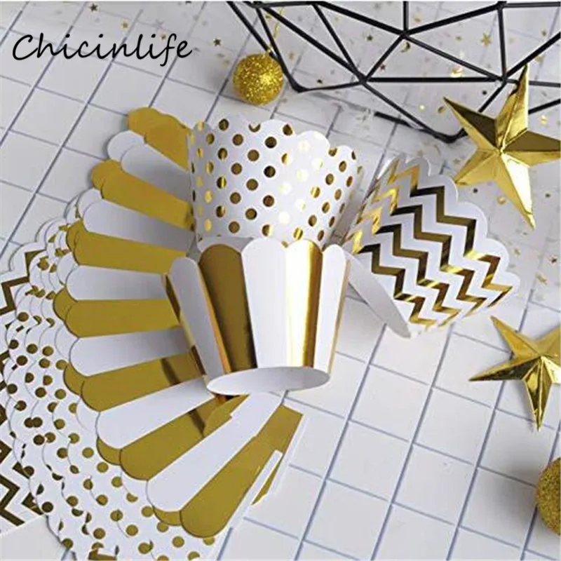 Chicinlife 12Pcs Gold  Striped Wave dot Cupcake Wrappers Birthday Party Supplies Wedding Baby Shower Cupcake Decoration