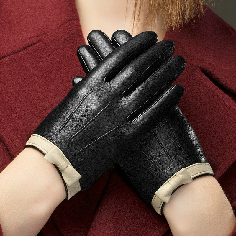 

Genuine Leather Lady Gloves Autumn Winter Touch Screen Sheepskin Mittens Plus Velvet Bowknot Warm Female Driving Hand Muff H3220