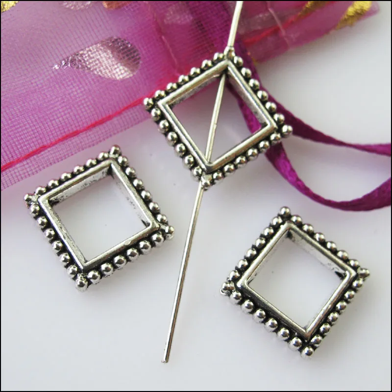 16Pcs Antiqued Silver Color Square Circle Spacer Beads Frame Charms 13mm