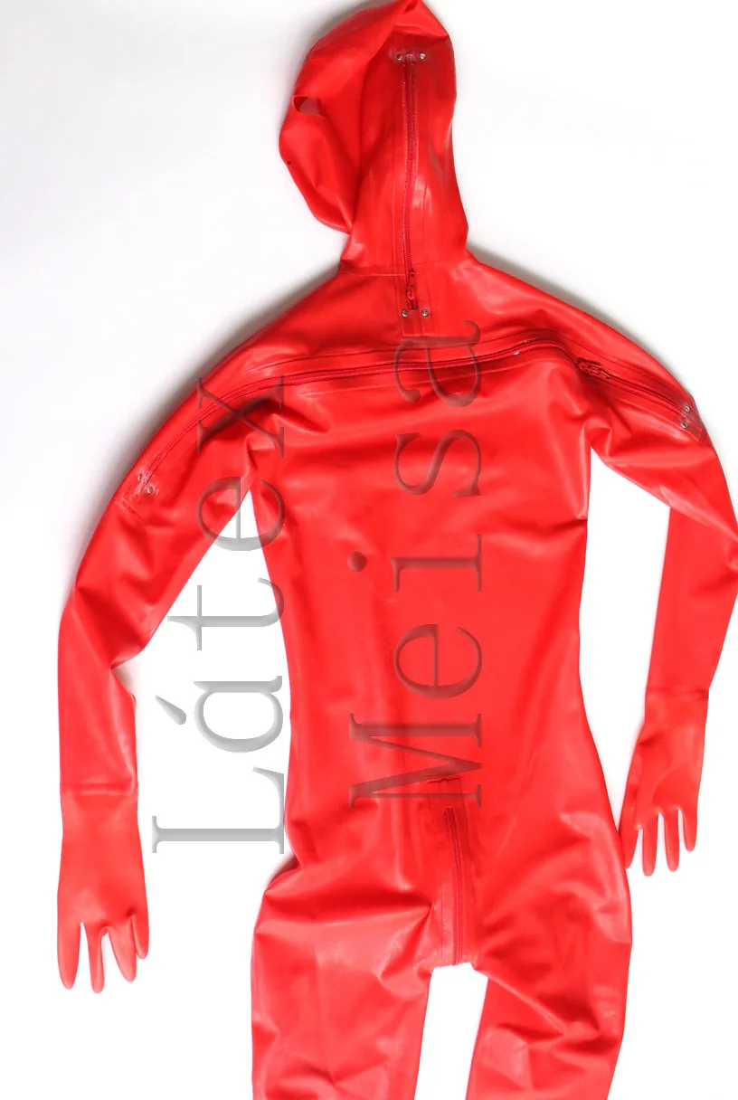 Men's red color latex catsuit hoods full cover latex zentai open eyes and nostrils attached crotch,head and shoulder 3 zippers