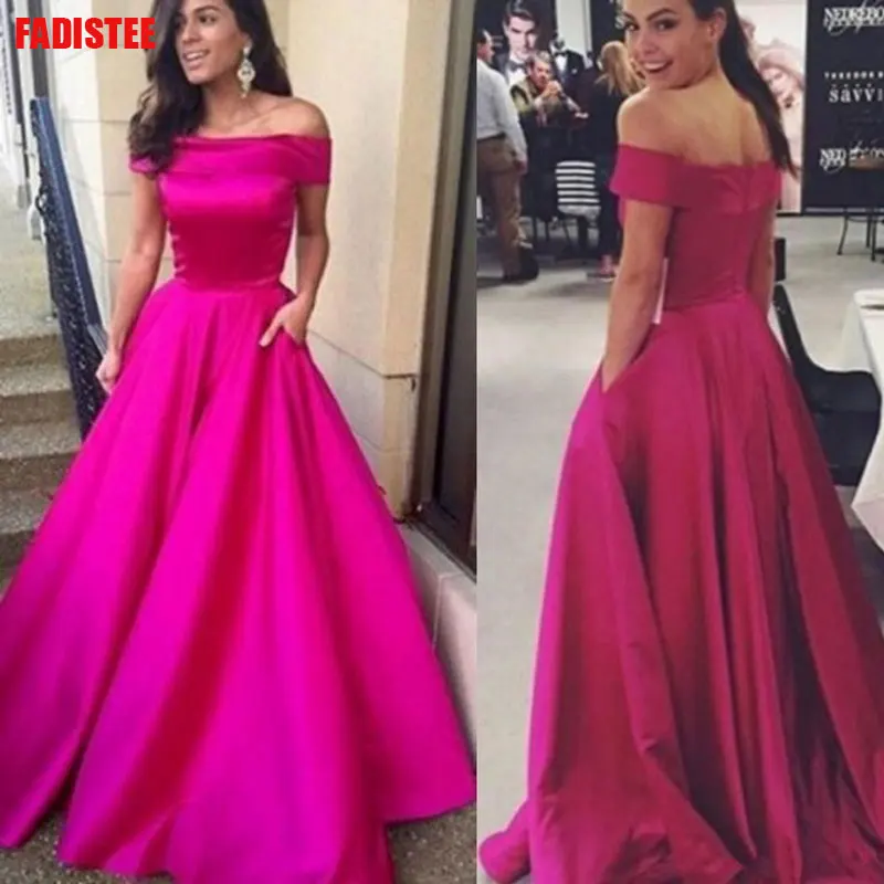 

Off The Shoulder Long Dress Evening Dress Lace Robe De Soiree Longue Formal Dress Burgundy A-line Simple Satin Pocket