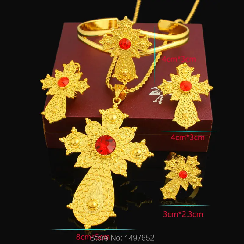 Latest Stone Ethiopian Cross Set Jewelry 24k Gold Color Jewellery African Dubai Bridal Nigeria Wedding Sets