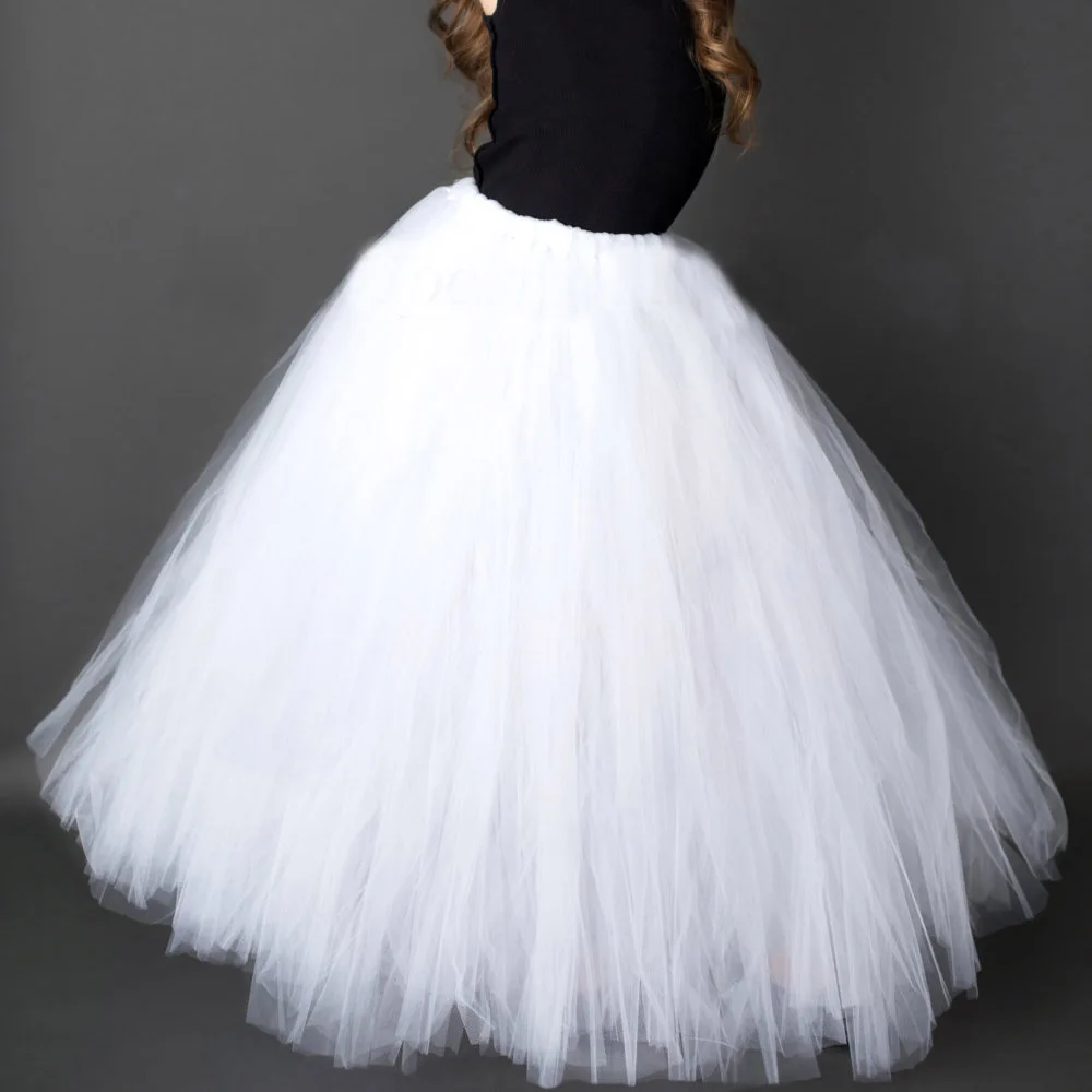 Pure White Long TUTU Skirt for Girls Solid Fluffy Tulle TUTUS Kids Wedding Party Costume 6 Color Option Ankle Length Fancy Skirt