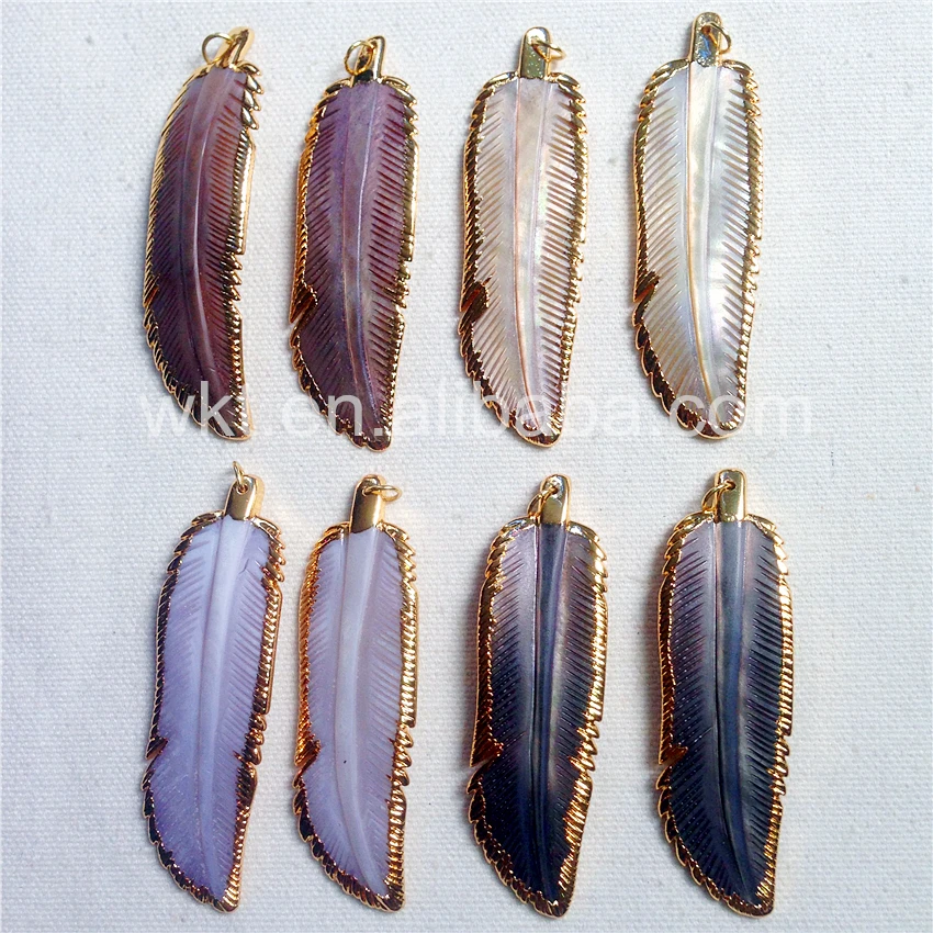 

WT-P763 WKT JEWELRY Natural Abalone shell feather pendant Gold dipped pendant shell jewelry mixed color feather shell pendants