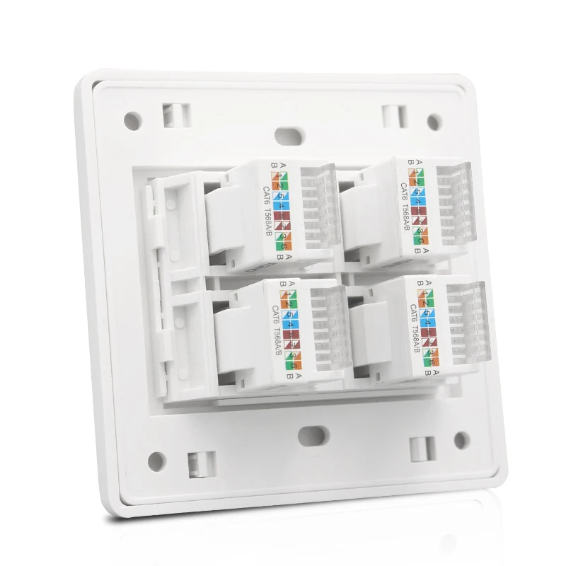 Façade de Prise Murale Internet RJ45 Cat 6 Type 4 Ports, 86x86mm, avec Quatre Jack CAT.6 Keystone pour LAN Ethernet, Panneau de Couverture