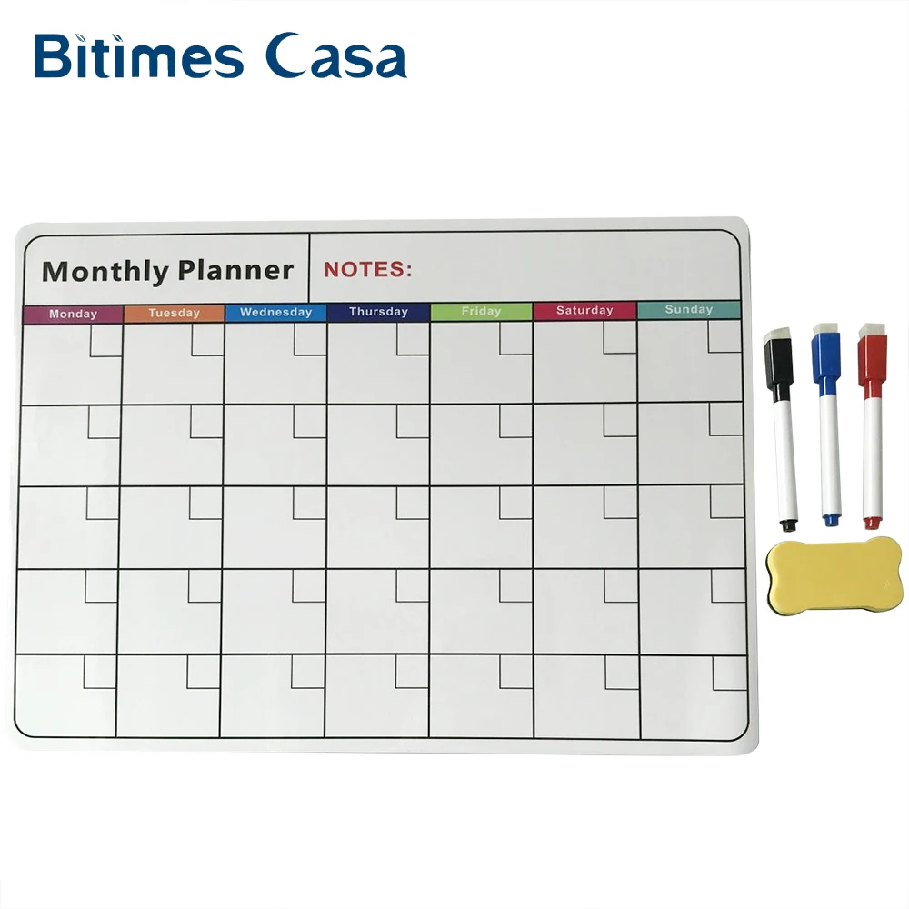 Bitimes Magnetic Message Board Monthly Planner Schedule White Board A3 420MM*297MM With 3 Pens Fridge Magnets For Kitchen Wall