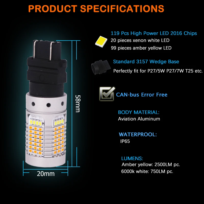 Error Free No Hyper Flash Dual Color Switchback White/Amber 3157 12V 3155 T25 LED Bulbs For Daytime Running/Turn Signal Lights
