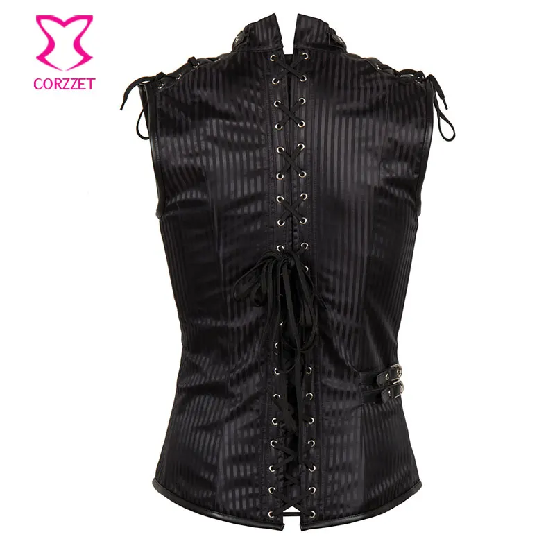 Black Striped Stand Collar Sleeveless Leather Stain Steel Boned Waistcoat Vest Jacket Steampunk Gothic Corset For Man Plus Size