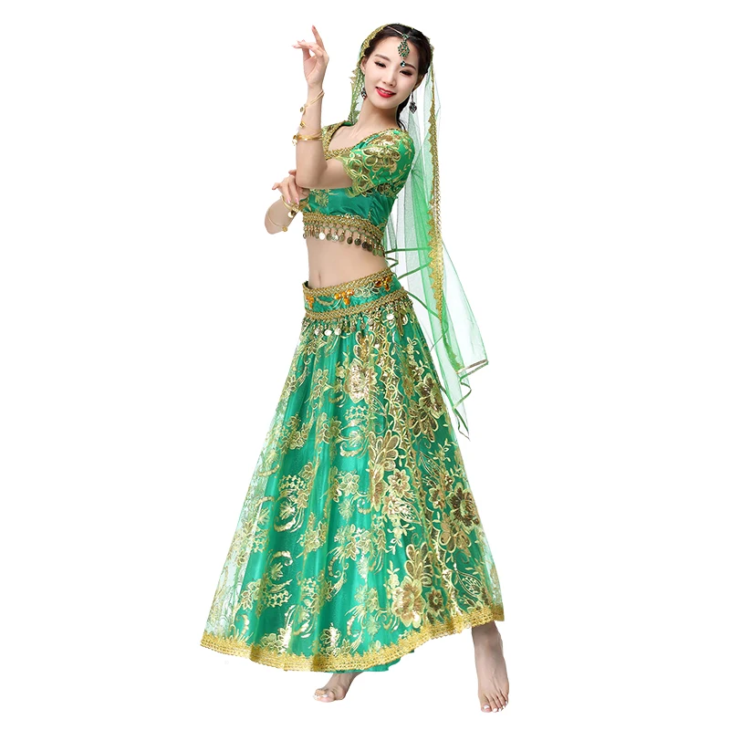 Halloween Vrouwen Buikdans Slijtage Indian Dance Outfits Organza Geborduurde Munten Bollywood Kostuum 4 Stuks Set (Top + Riem + Rok + Sluier)